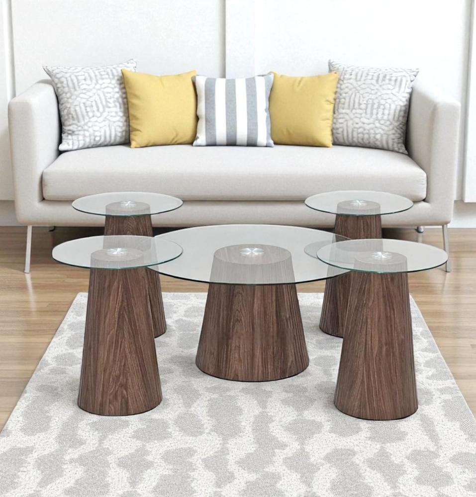 طقم طاوللات شاي 5 قطع زجاج دائري شفاف قاعدة بني   - تصميم عصري