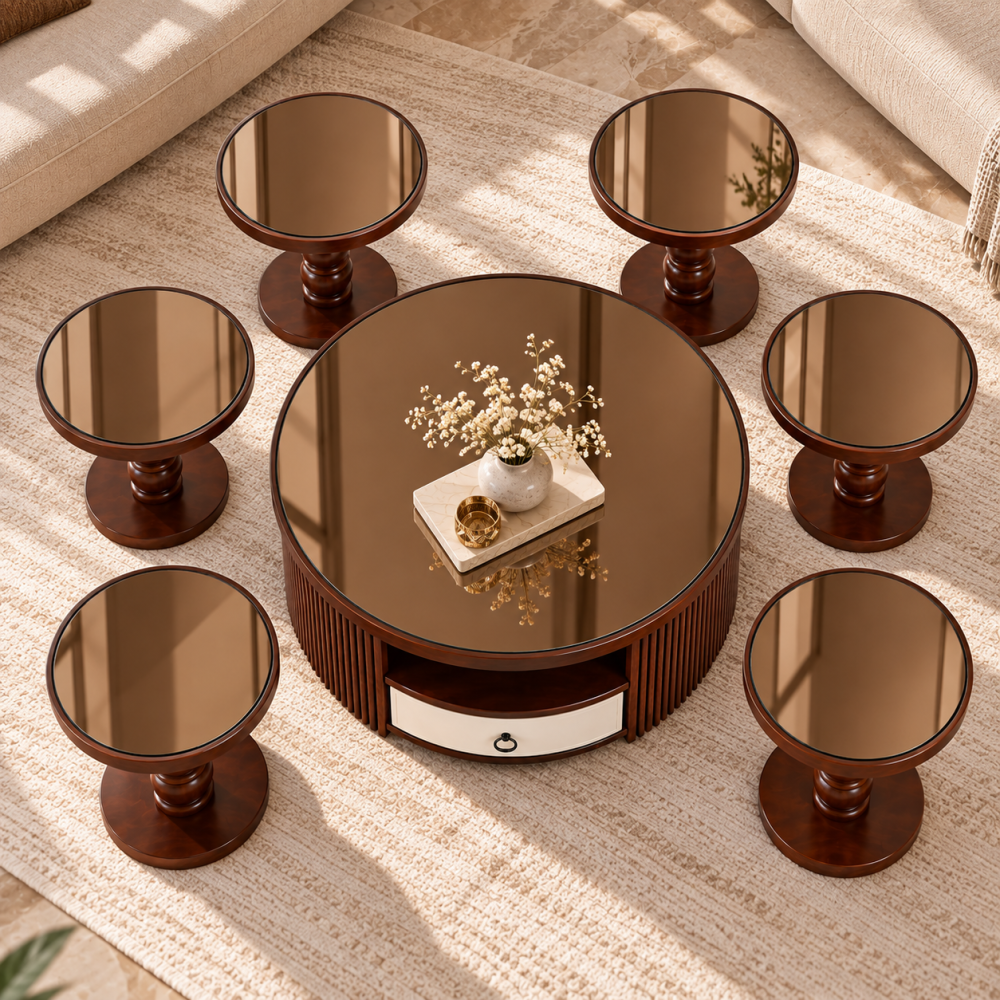Table set with 6 serving pieces, brown mirrored glass top