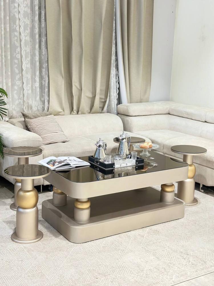 Champagne-colored wooden serving table set with glass top – 6 serving tables