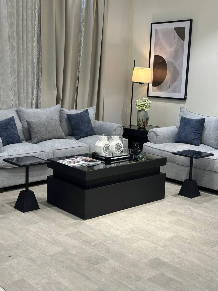 Oak table set with 4 side tables and black mirrored glass top - Nasaq