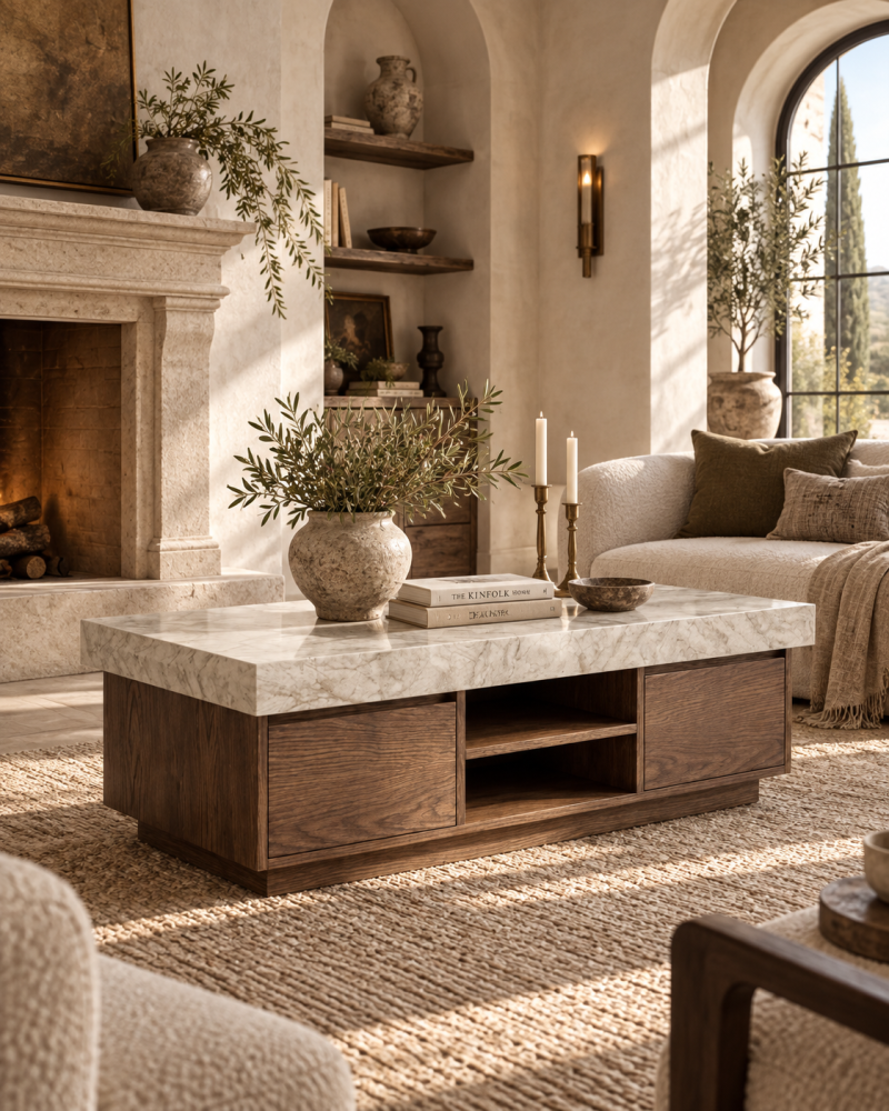 A modern and elegant coffee table, made of oak wood with a marble-like surface.