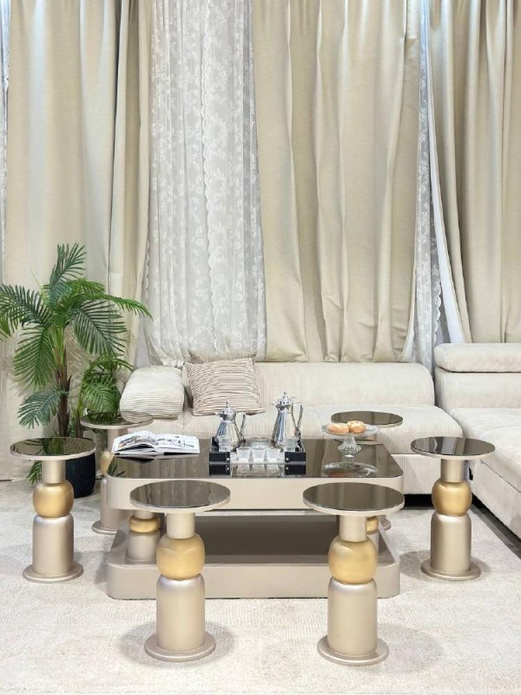 Champagne-colored wooden serving table set with glass top – 6 serving tables