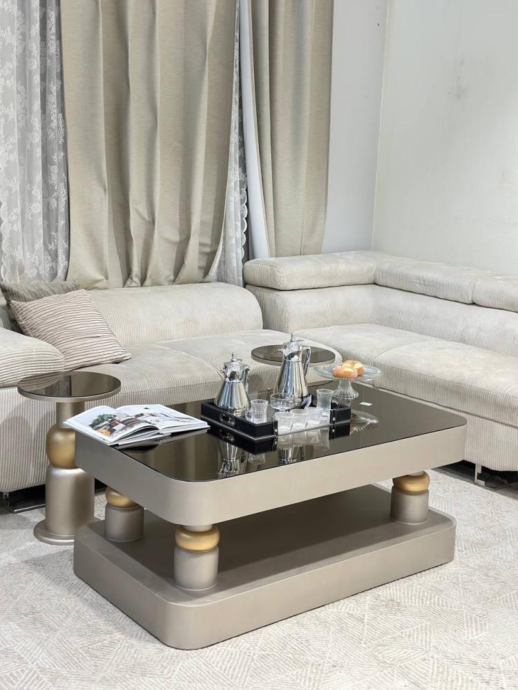 Champagne-colored wooden serving table set with glass top – 6 serving tables
