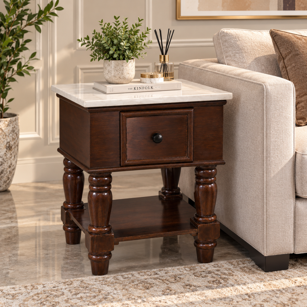 Side table, alternative marble countertop, small staircase