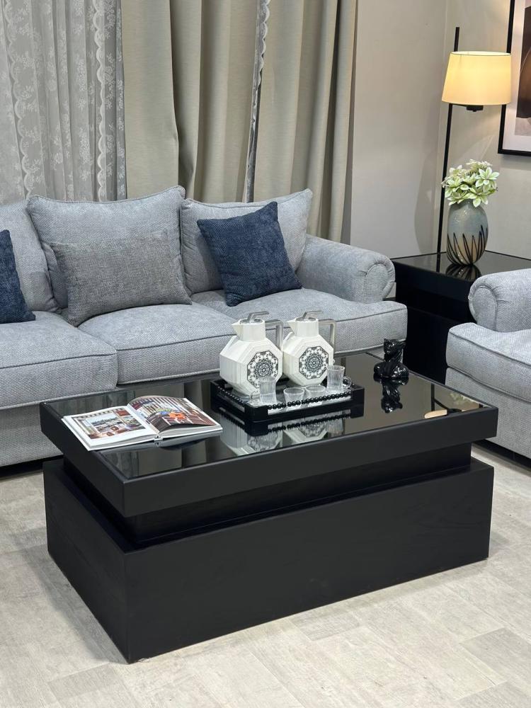Oak table set with 4 side tables and black mirrored glass top - Nasaq