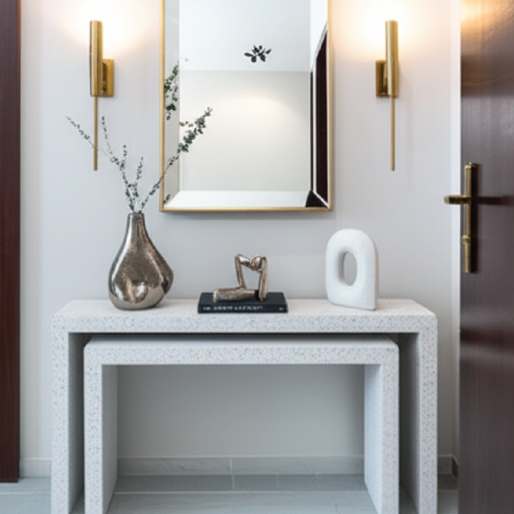 A two-piece wooden entryway table set