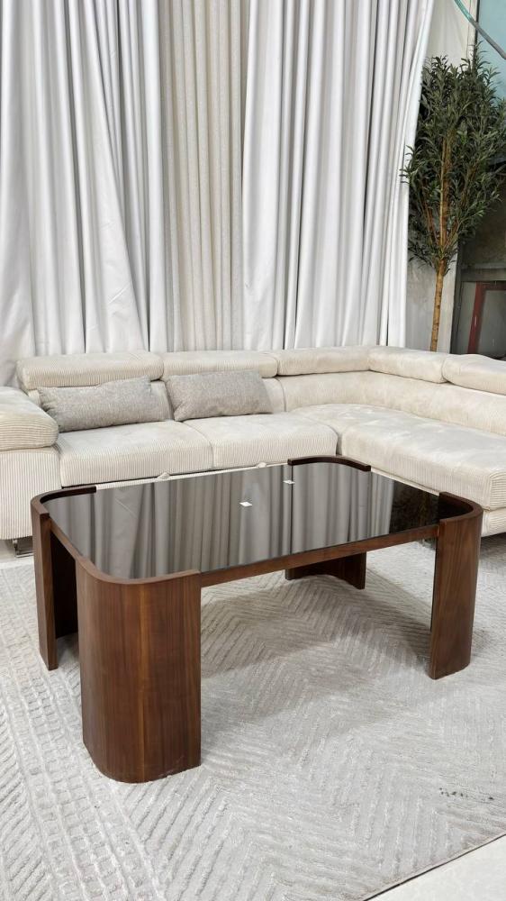 Standard walnut veneer table set with a clear glass top - brown color