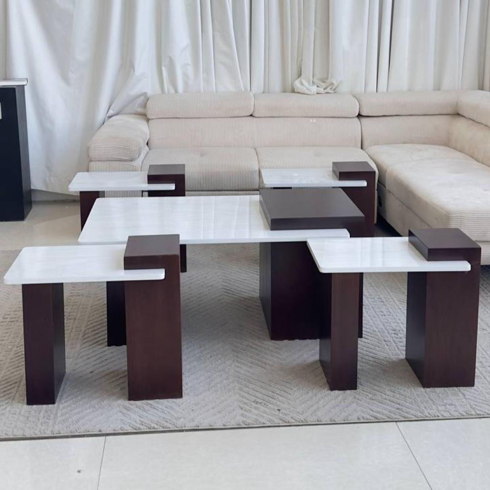 Oak wood table set with marble alternative top
