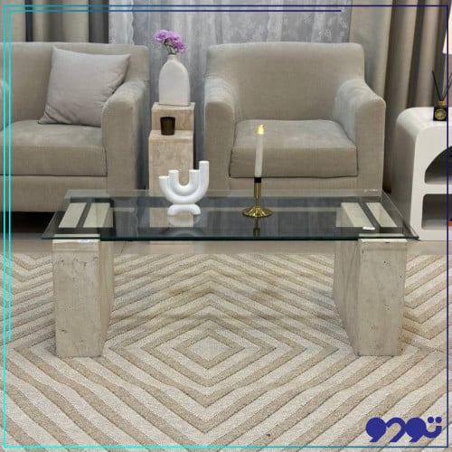 طاولة ضيافة بسطح زجاجي وبقواعد رخام