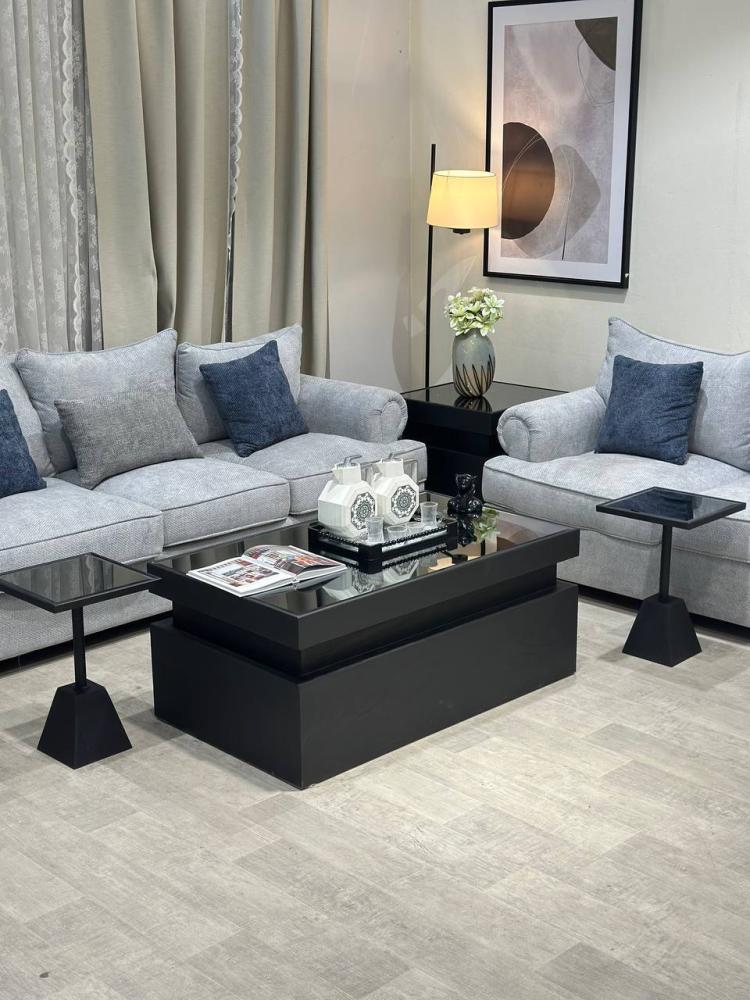 Oak table set with 4 side tables and black mirrored glass top - Nasaq