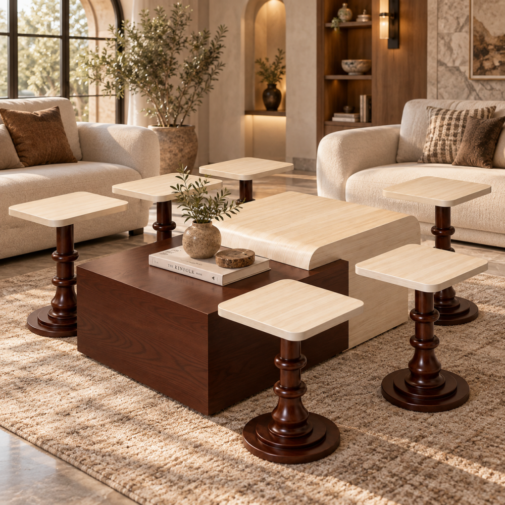 Marble alternative table set with oak wood and 6 serving pieces