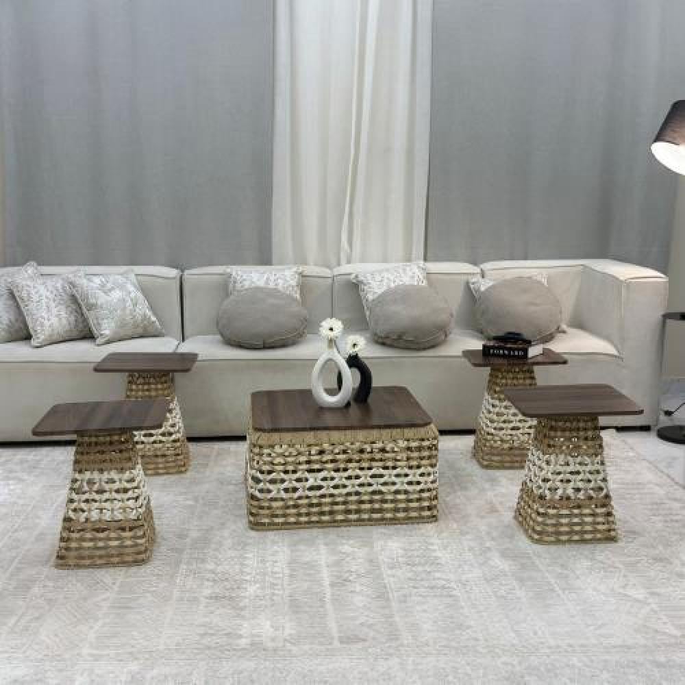 طقم طاولات ضيافة خسف بسطح خشبي بني مع 4 طاولات خدمة