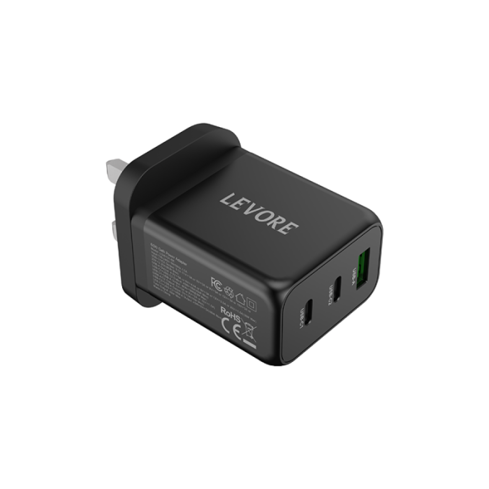 شاحن جداري ليفوري 65 واط منفذين USB-C ومنفذ USB-A - أبيض