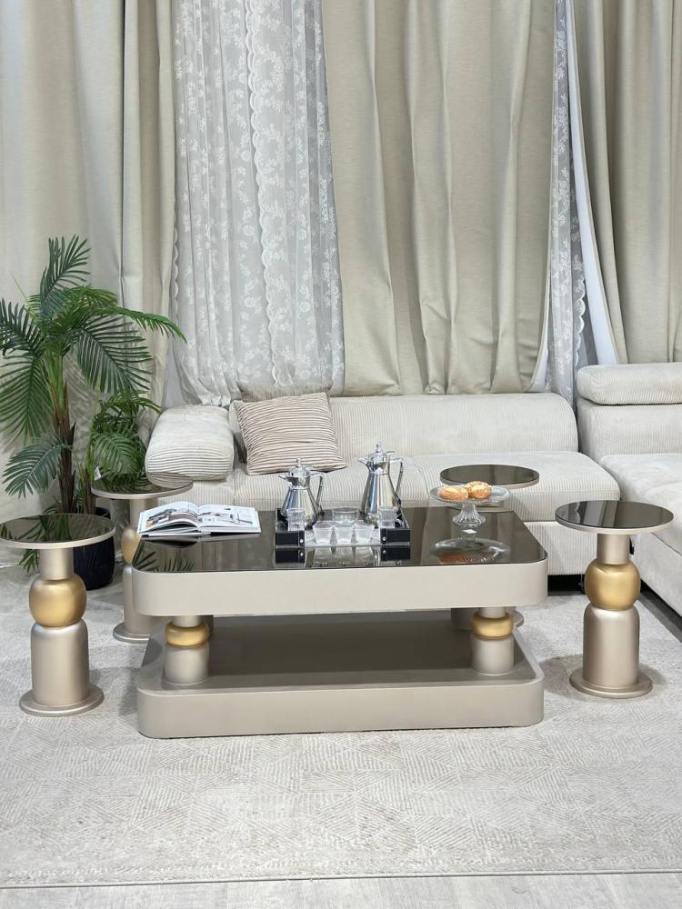 Champagne-colored wooden serving table set with glass top – 6 serving tables