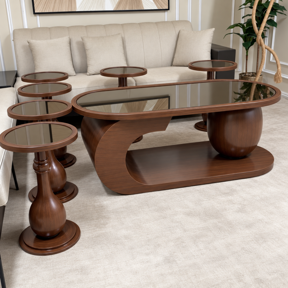 Table set with 6 serving pieces, wooden top, brown mirrored glass top