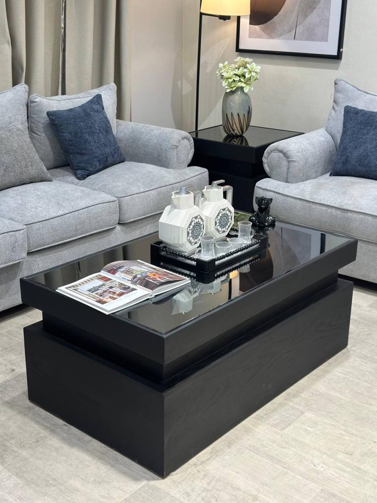 Oak table set with 4 side tables and black mirrored glass top - Nasaq
