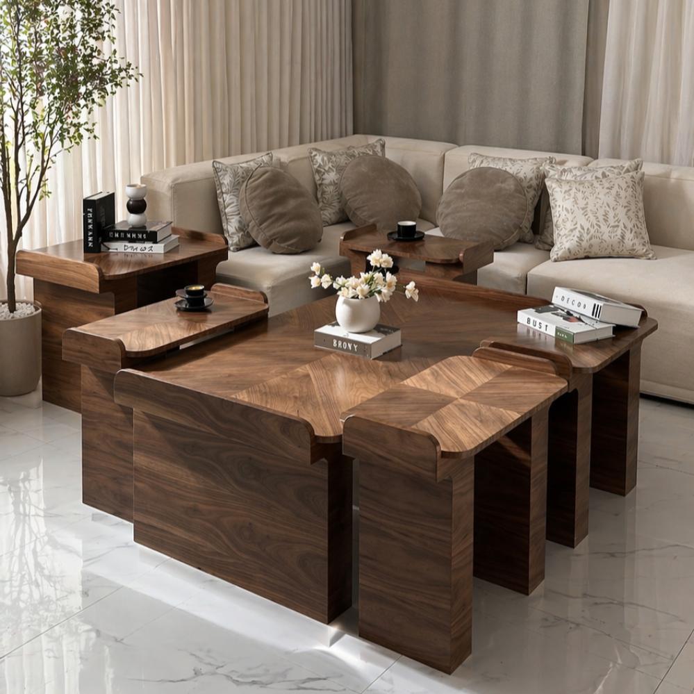 Walnut veneer coffee table set with 4 serving and side tables