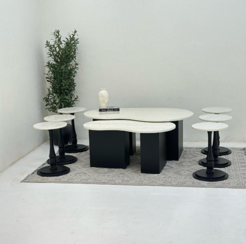 طقم طاولات 8قطع سطح بديل الرخام ترافنتينو قاعده خشب لون اسود