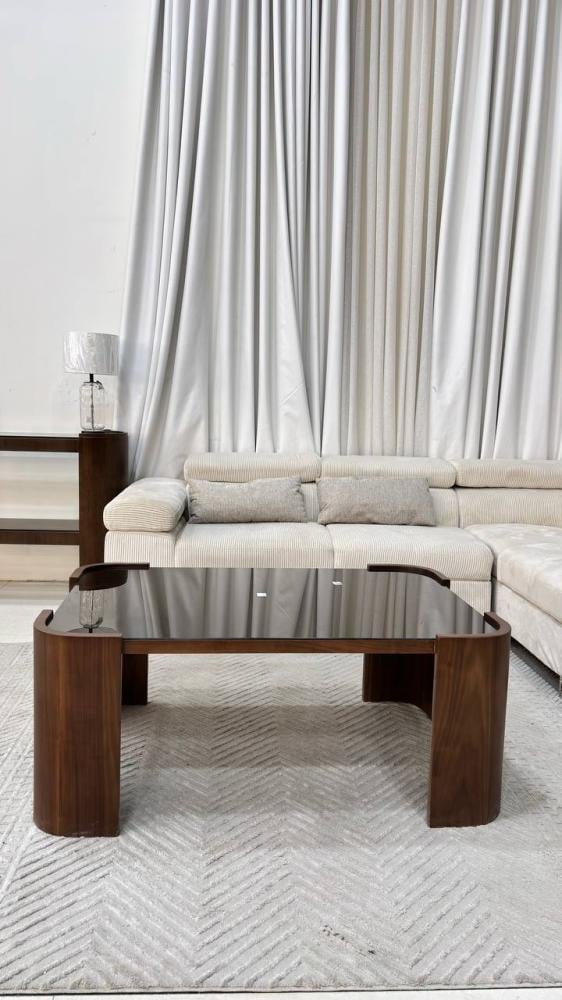 Standard walnut veneer table set with a clear glass top - brown color