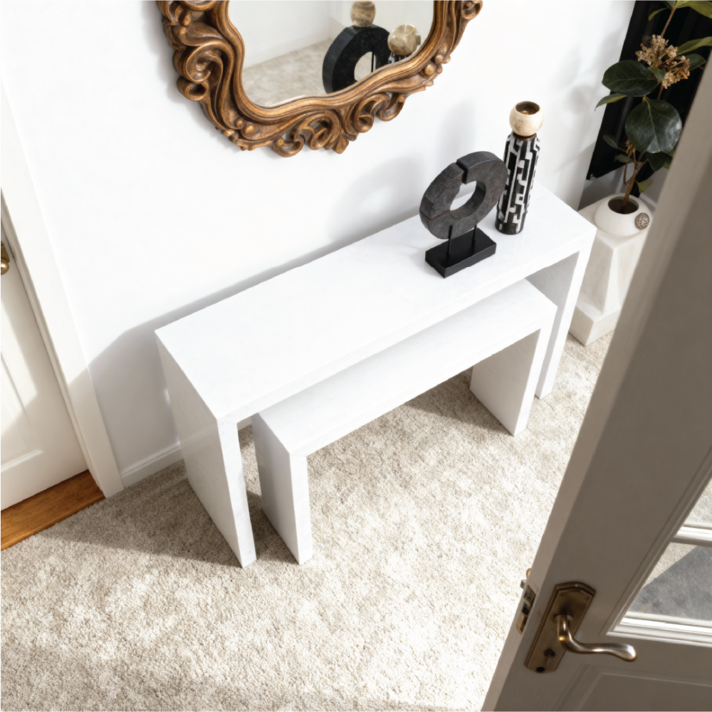 A two-piece wooden entryway table set