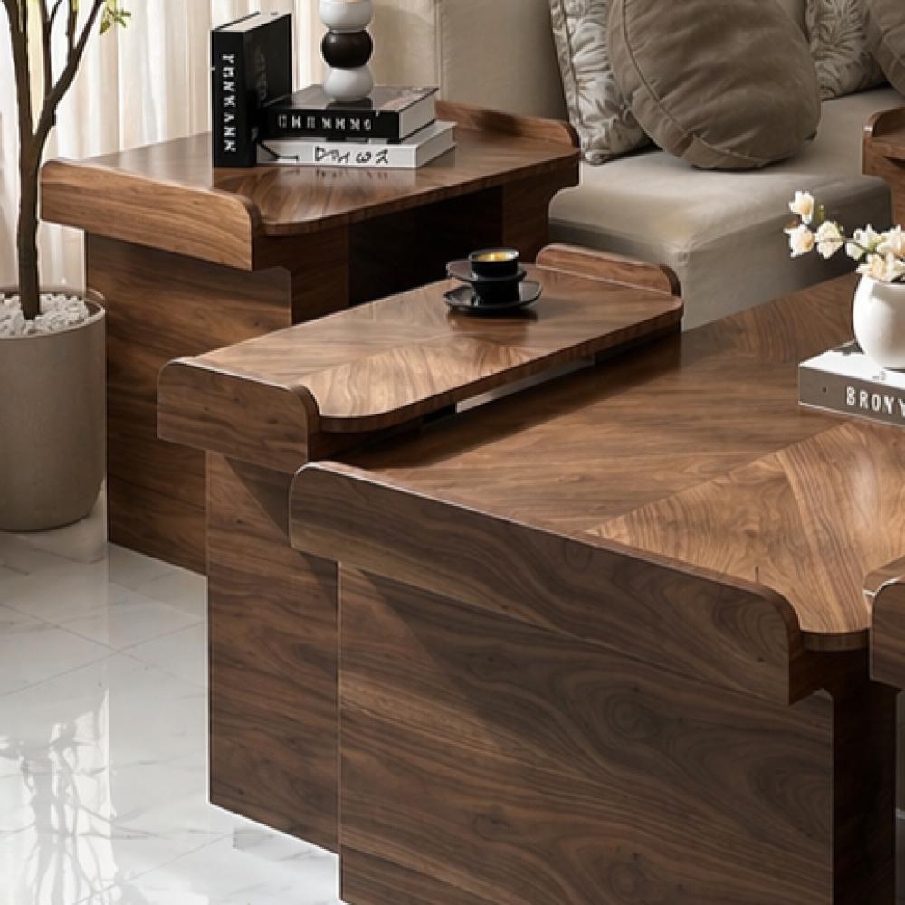 Walnut veneer coffee table set with 4 serving and side tables