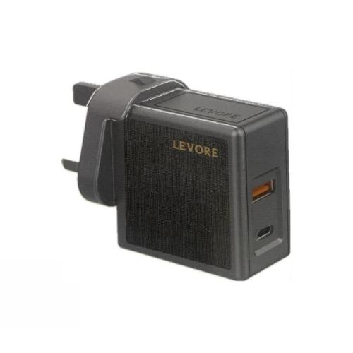 شاحن جداري ليفوري بتقنية GaN بمنفذ USB-C ومنفذ USB بقوة 65 واط - رمادي