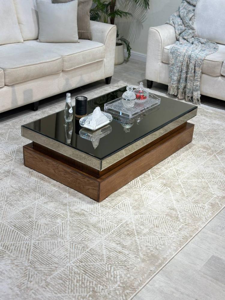 طاولة ضيافة أرضية من خشب السنديان الطبيعي بسطح مرآة – لون بني فاخر