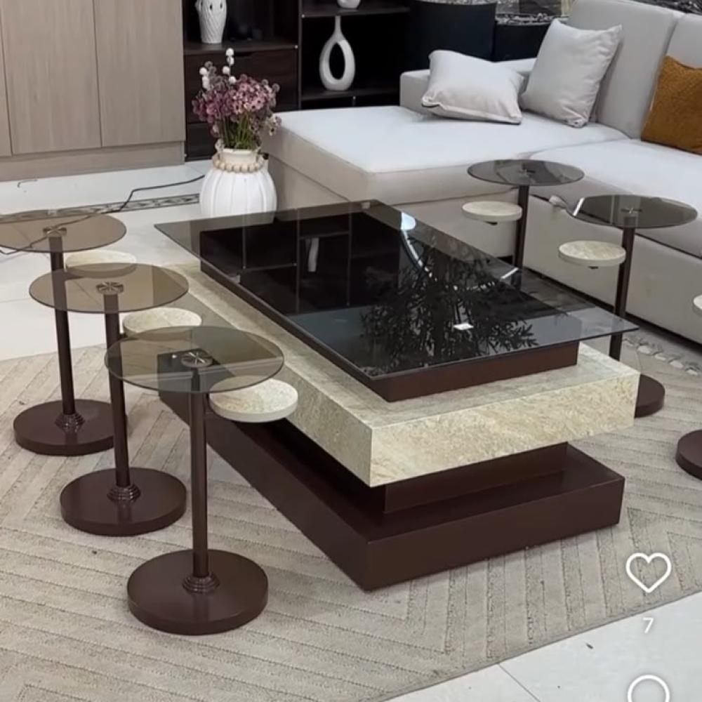 Wooden table set with marble-effect strap and 6-tier serving tray
