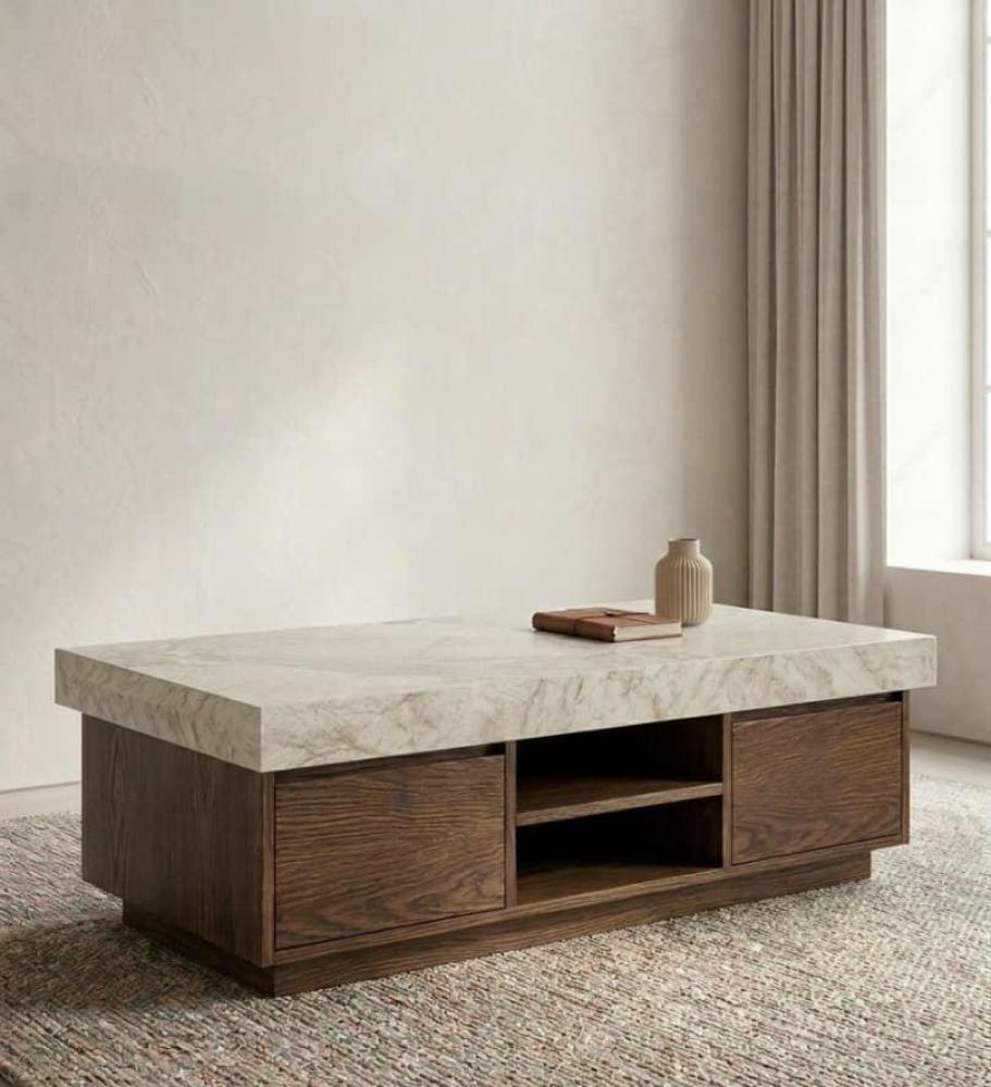 A modern and elegant coffee table, made of oak wood with a marble-like surface.