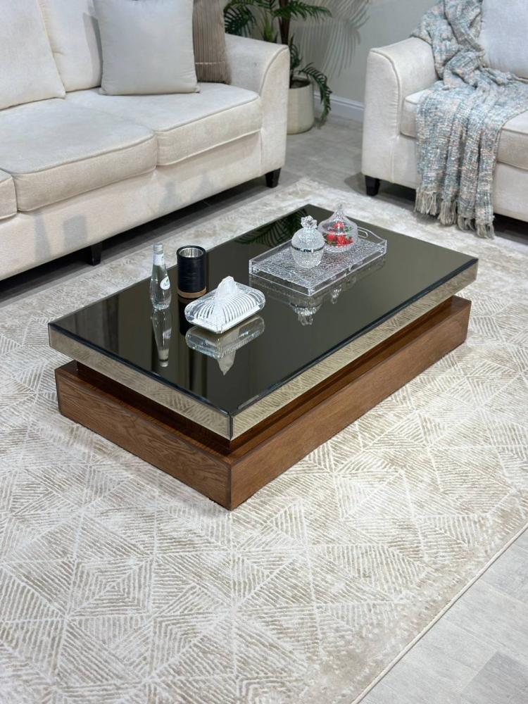 طاولة ضيافة أرضية من خشب السنديان الطبيعي بسطح مرآة – لون بني فاخر