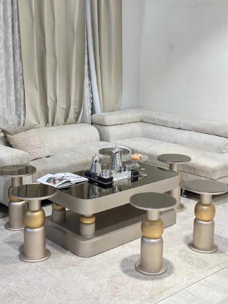 Champagne-colored wooden serving table set with glass top – 6 serving tables