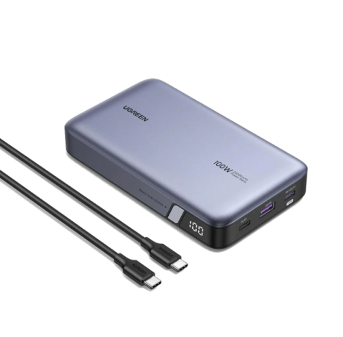 شاحن متنقل يوجرين بمنفذين PD وبمنفذ USB وبسعة 20000 مللي امبير والقوة 100 واط - رمادي
