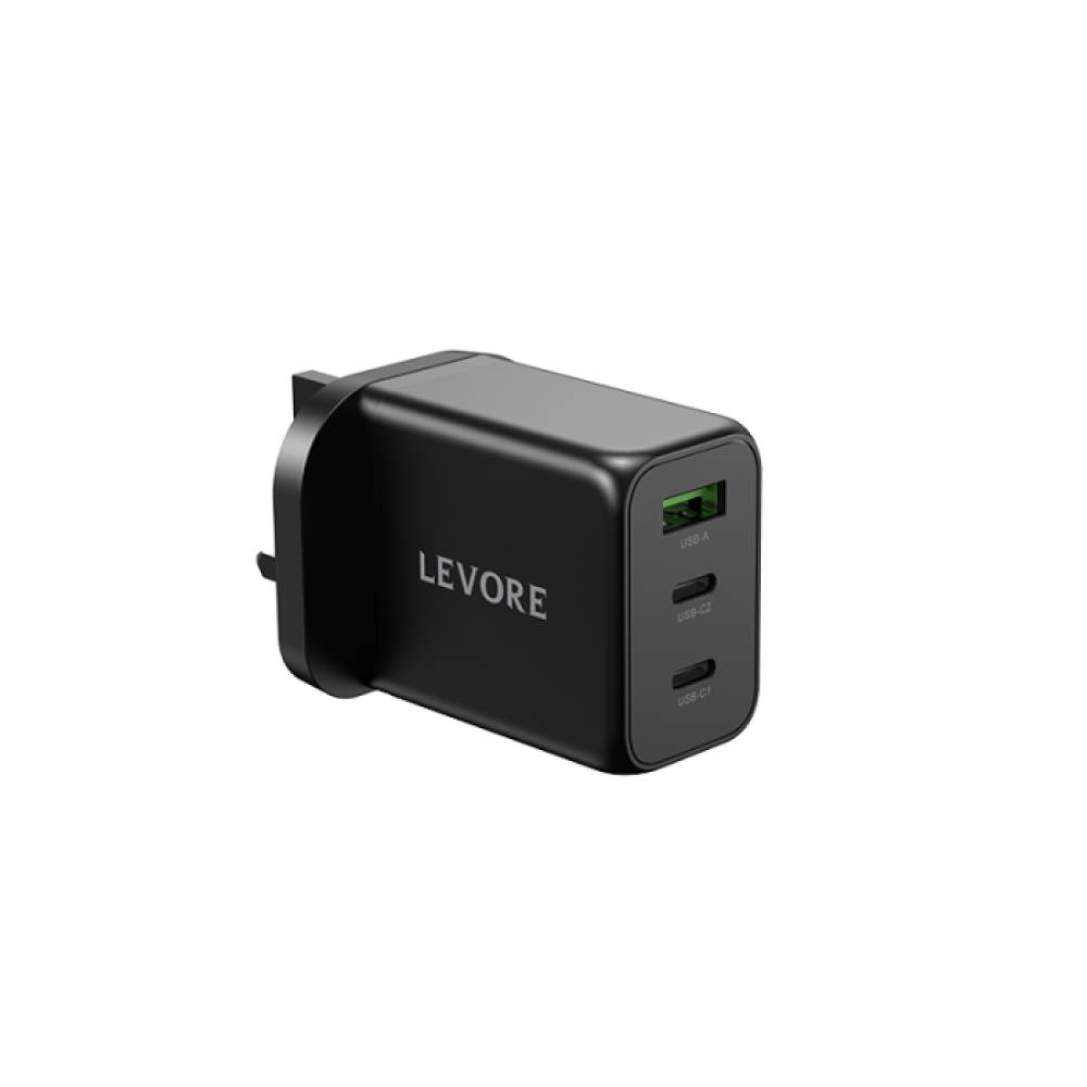 شاحن جداري ليفوري 65 واط منفذين USB-C ومنفذ USB-A - أبيض