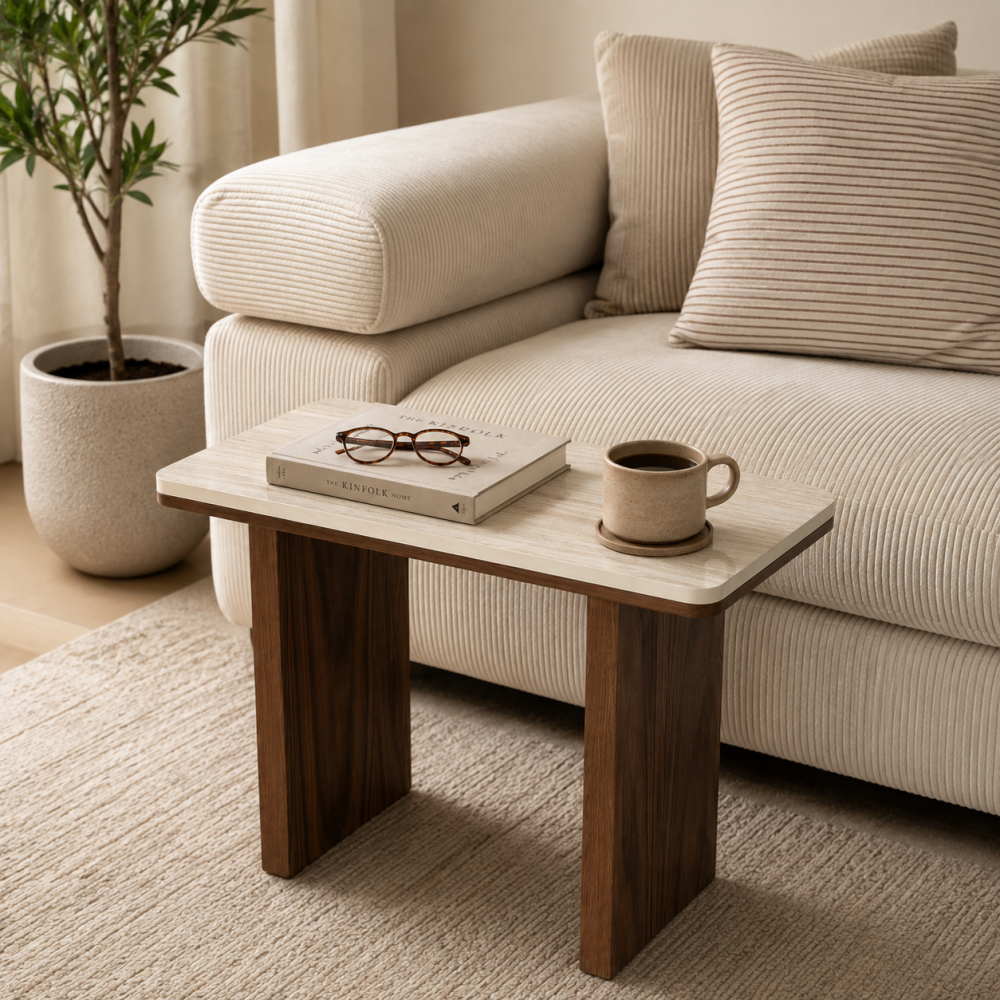 Side table with a marble alternative top and a brown oak wood base.