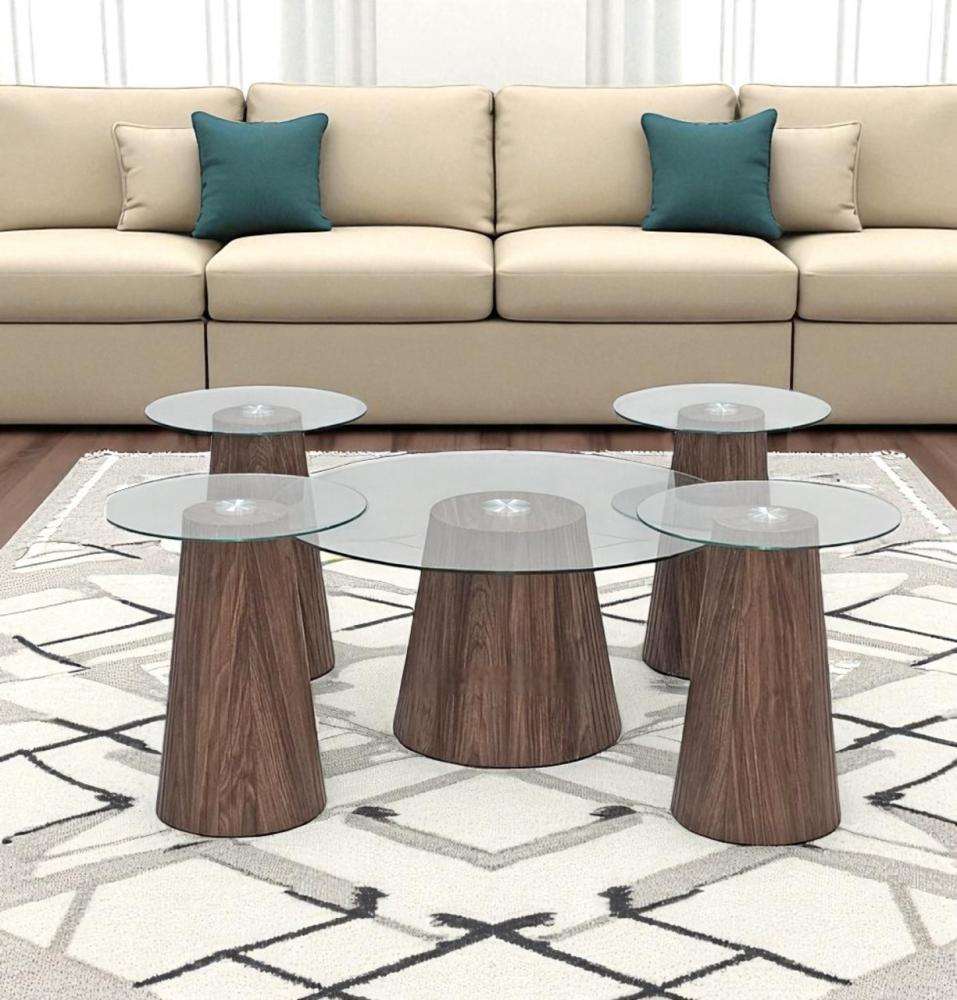 طقم طاوللات شاي 5 قطع زجاج دائري شفاف قاعدة بني   - تصميم عصري