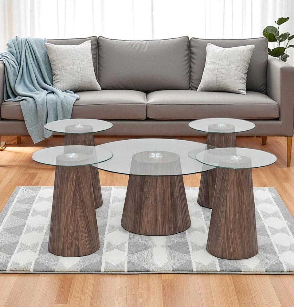 طقم طاوللات شاي 5 قطع زجاج دائري شفاف قاعدة بني   - تصميم عصري