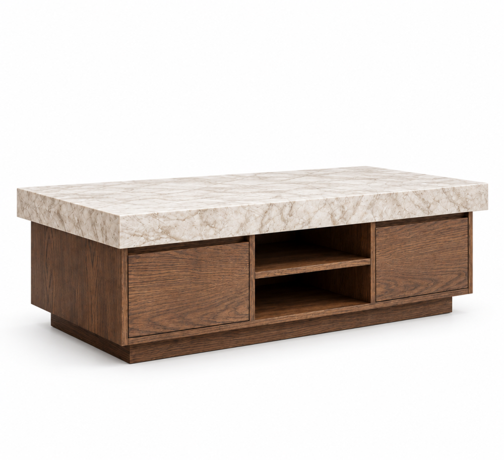 A modern and elegant coffee table, made of oak wood with a marble-like surface.