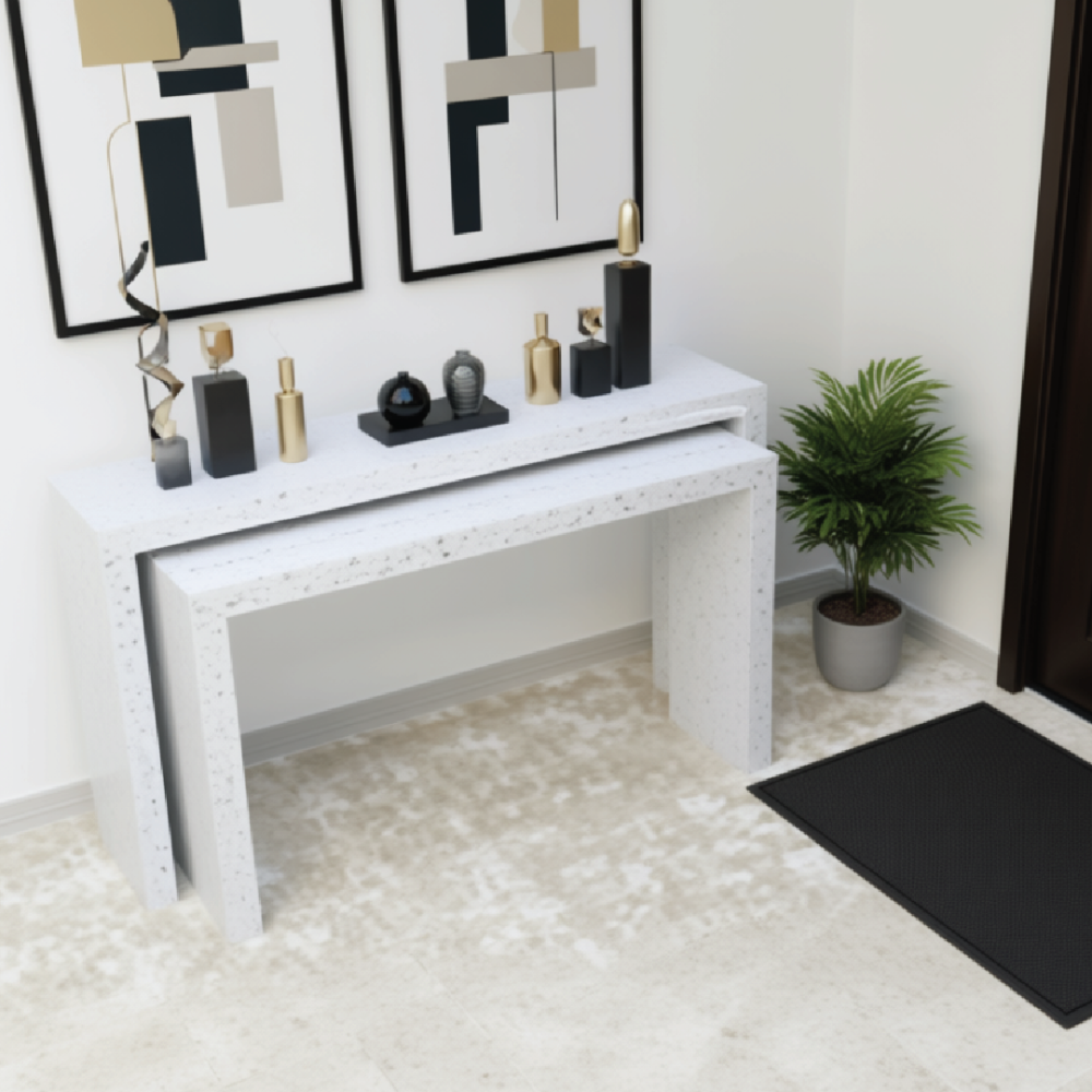 A two-piece wooden entryway table set