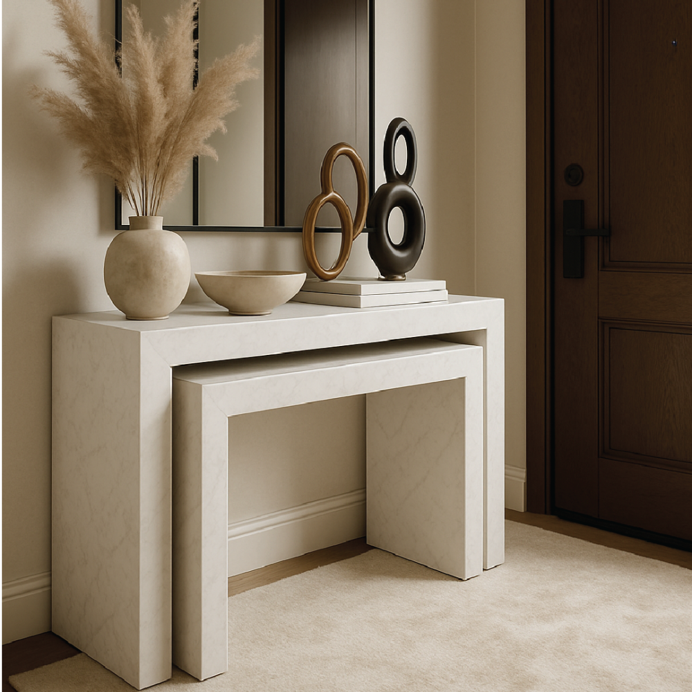 A two-piece wooden entryway table set