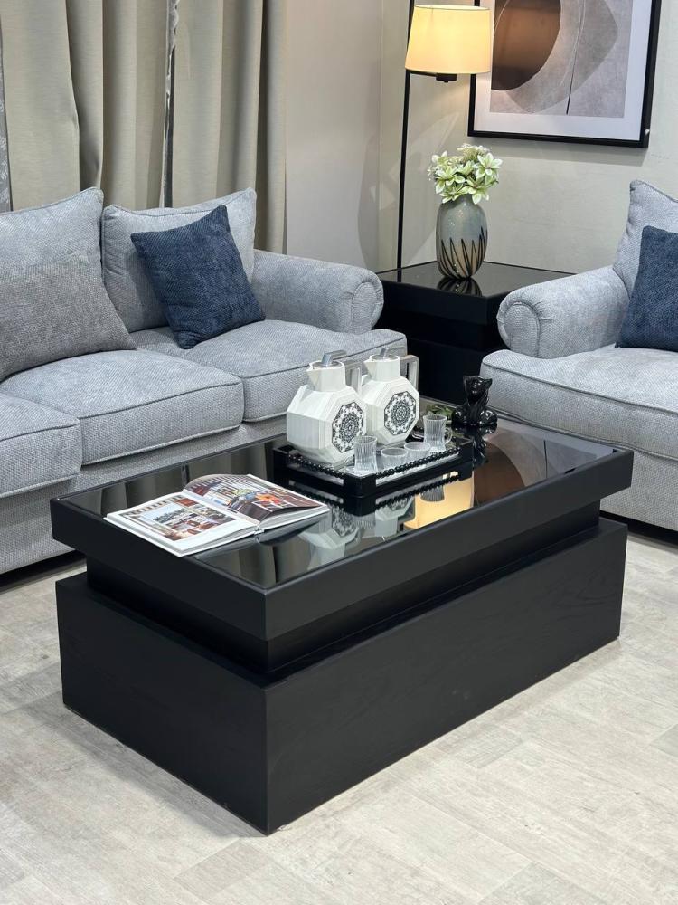 Oak table set with 4 side tables and black mirrored glass top - Nasaq