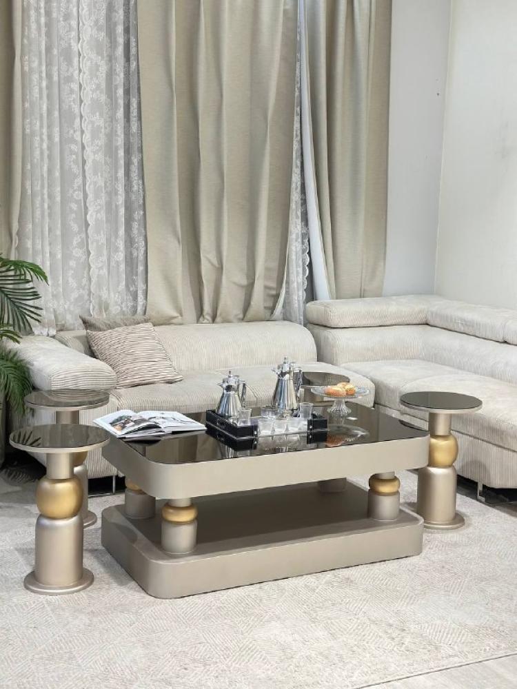 Champagne-colored wooden serving table set with glass top – 6 serving tables