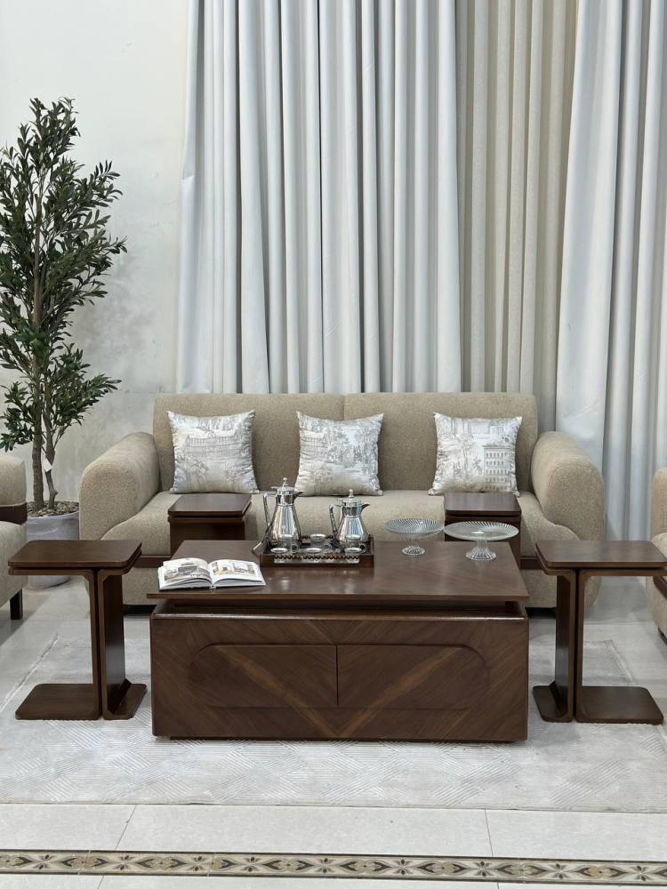 Walnut veneer hospitality table set with 4 serving tables