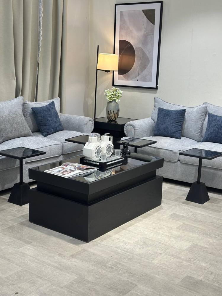 Oak table set with 4 side tables and black mirrored glass top - Nasaq