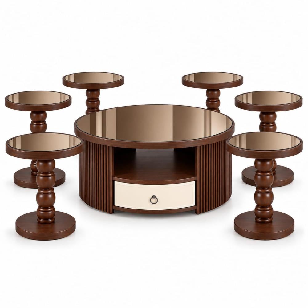 Table set with 6 serving pieces, brown mirrored glass top