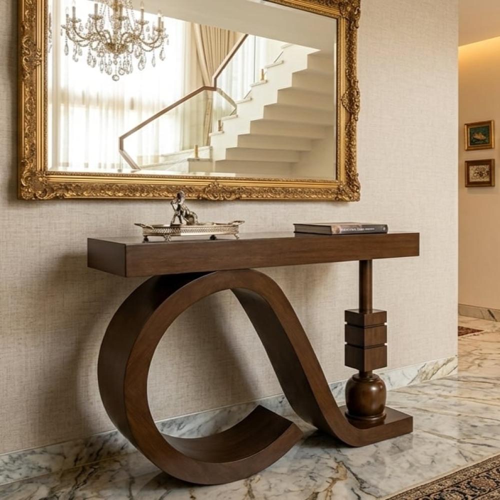 Brown wooden console entrance with a brown mirrored surface.