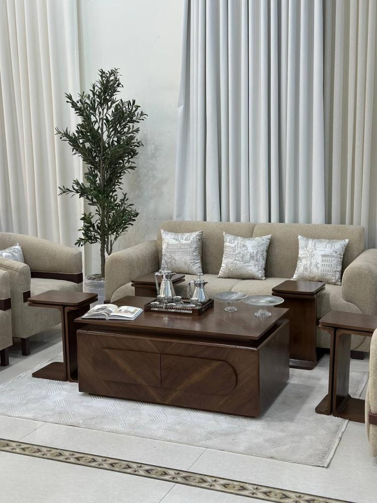 Walnut veneer hospitality table set with 4 serving tables