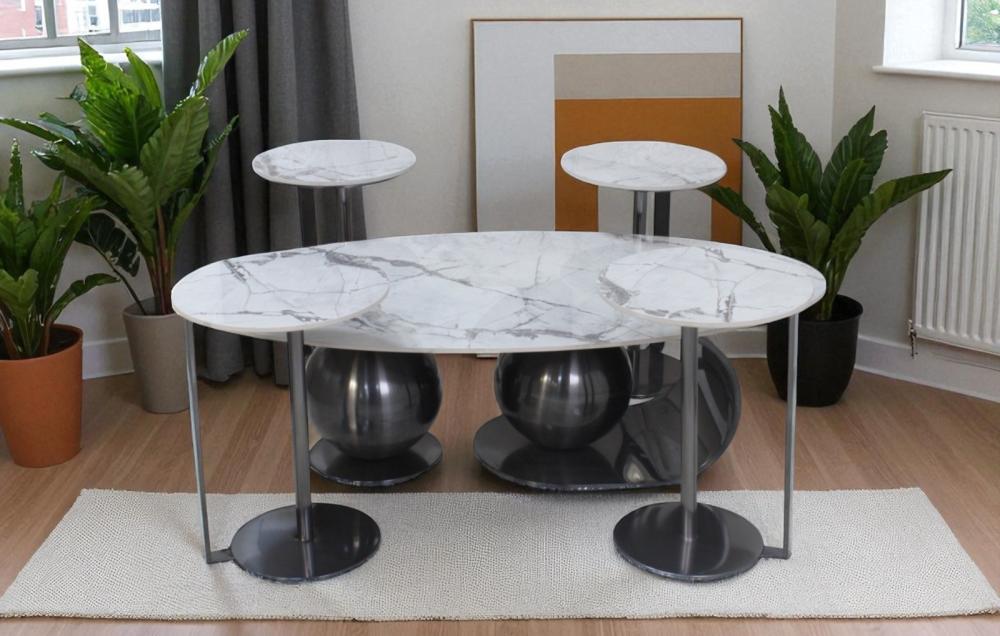 طقم طاولات استيل بسطح سيراميك – 5 قطع