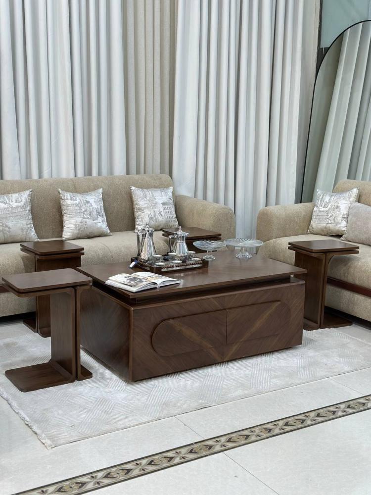 Walnut veneer hospitality table set with 4 serving tables