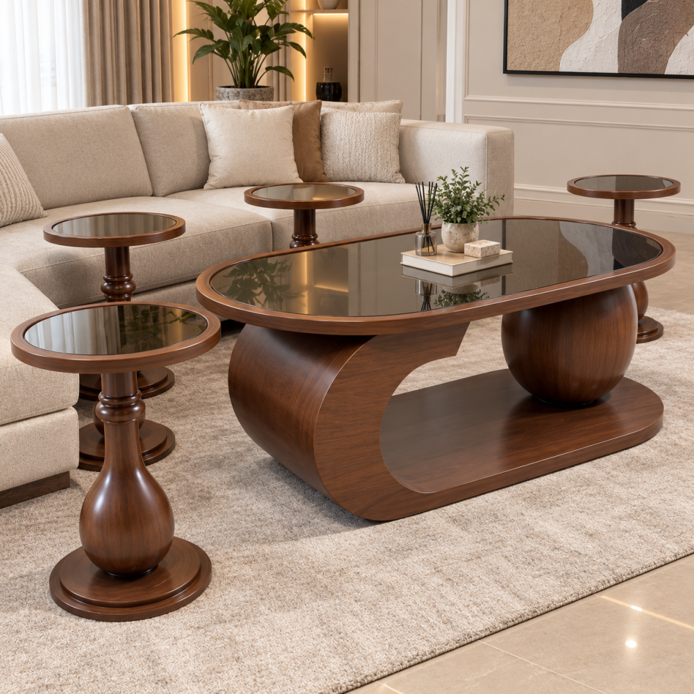 Table set with 6 serving pieces, wooden top, brown mirrored glass top