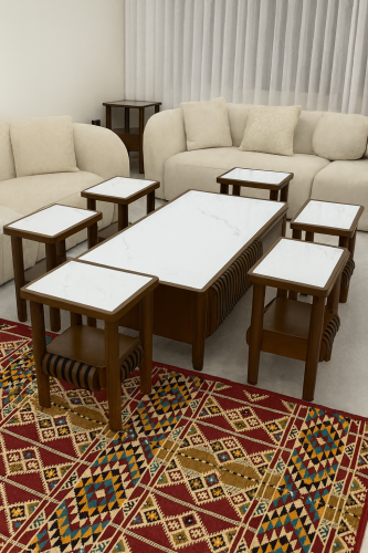 طقم طاولة ضيافة خشب ابيض مع بني - تصميم عصري